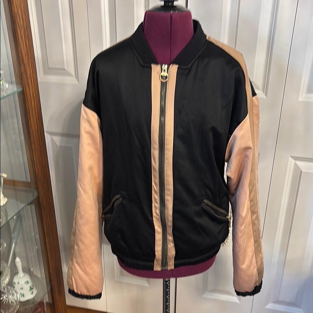 Zara Black and Tan Bomber Jacket with Zip-Front Closure